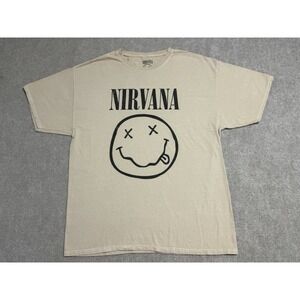 Nirvana Iconic Smiley‎ Face Graphic T-shirt Men M / L Beige Band Music Rock Punk